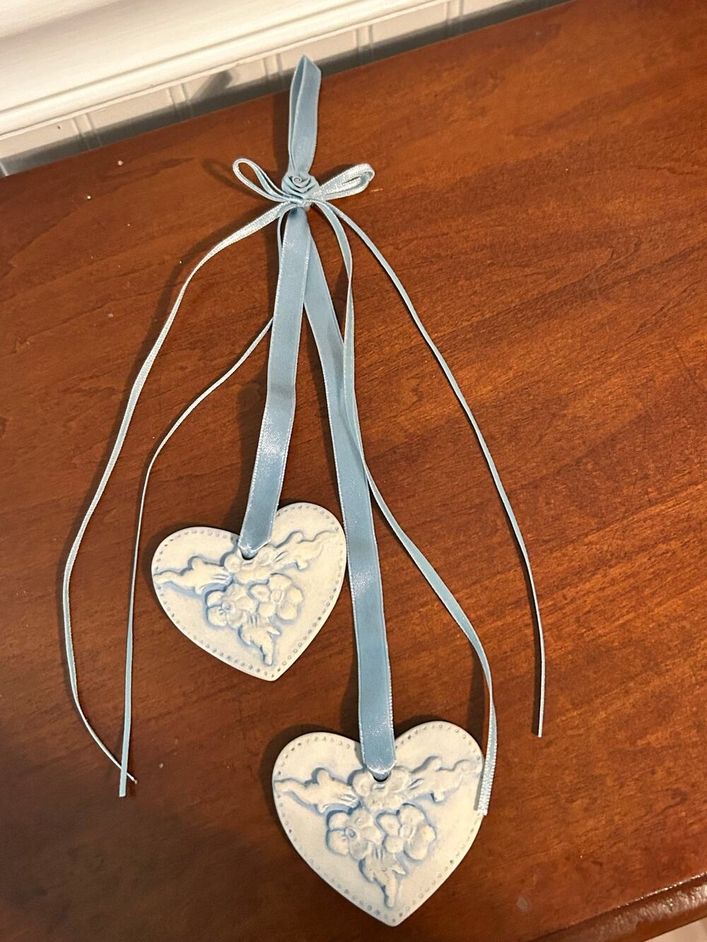 Blue Floral Clay Heart Hanging Ornament Ribbon Decor Handcrafted